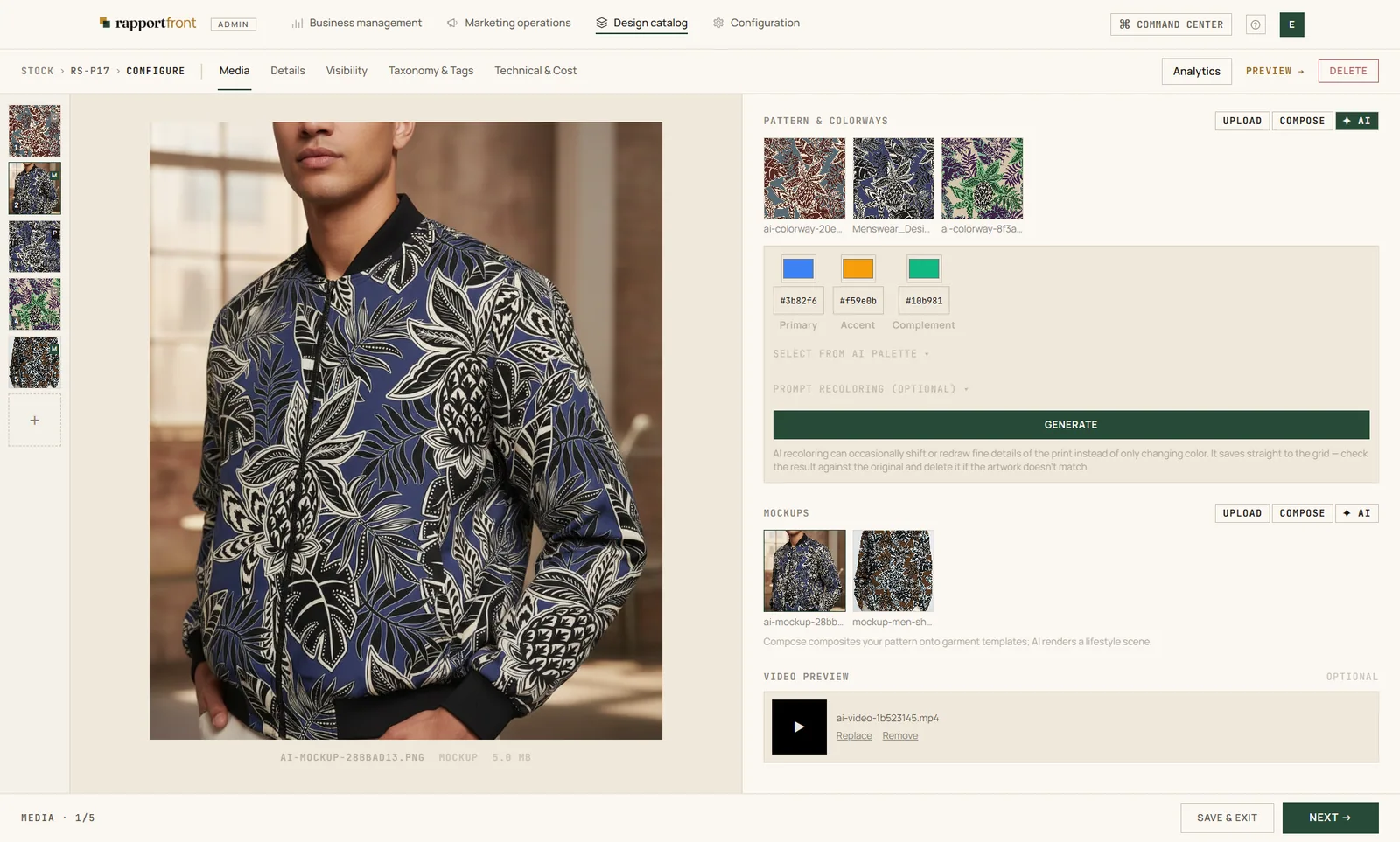 A print being configured with AI: colorways, a live garment mockup, and an AI video preview — recolor, mock up and animate, all in-platform.
